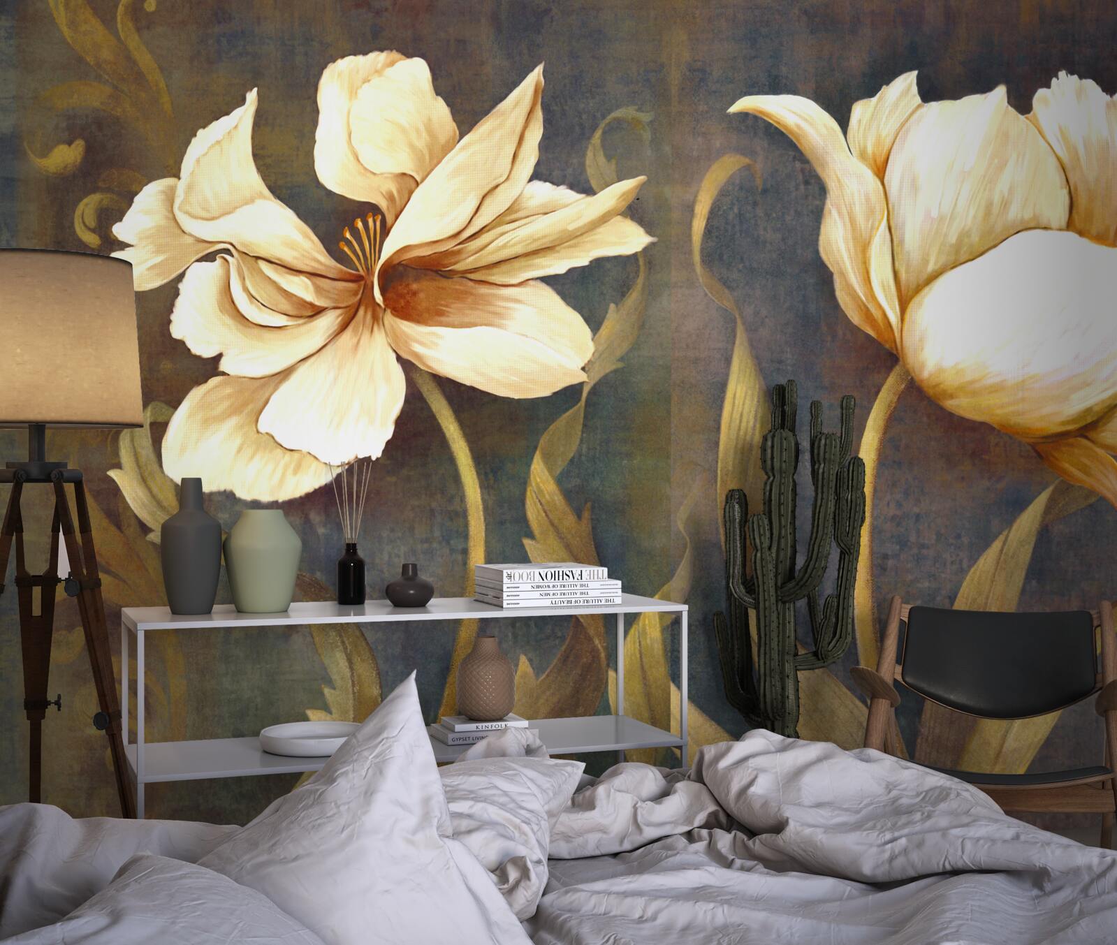 Papier peint deux grandes fleurs beiges