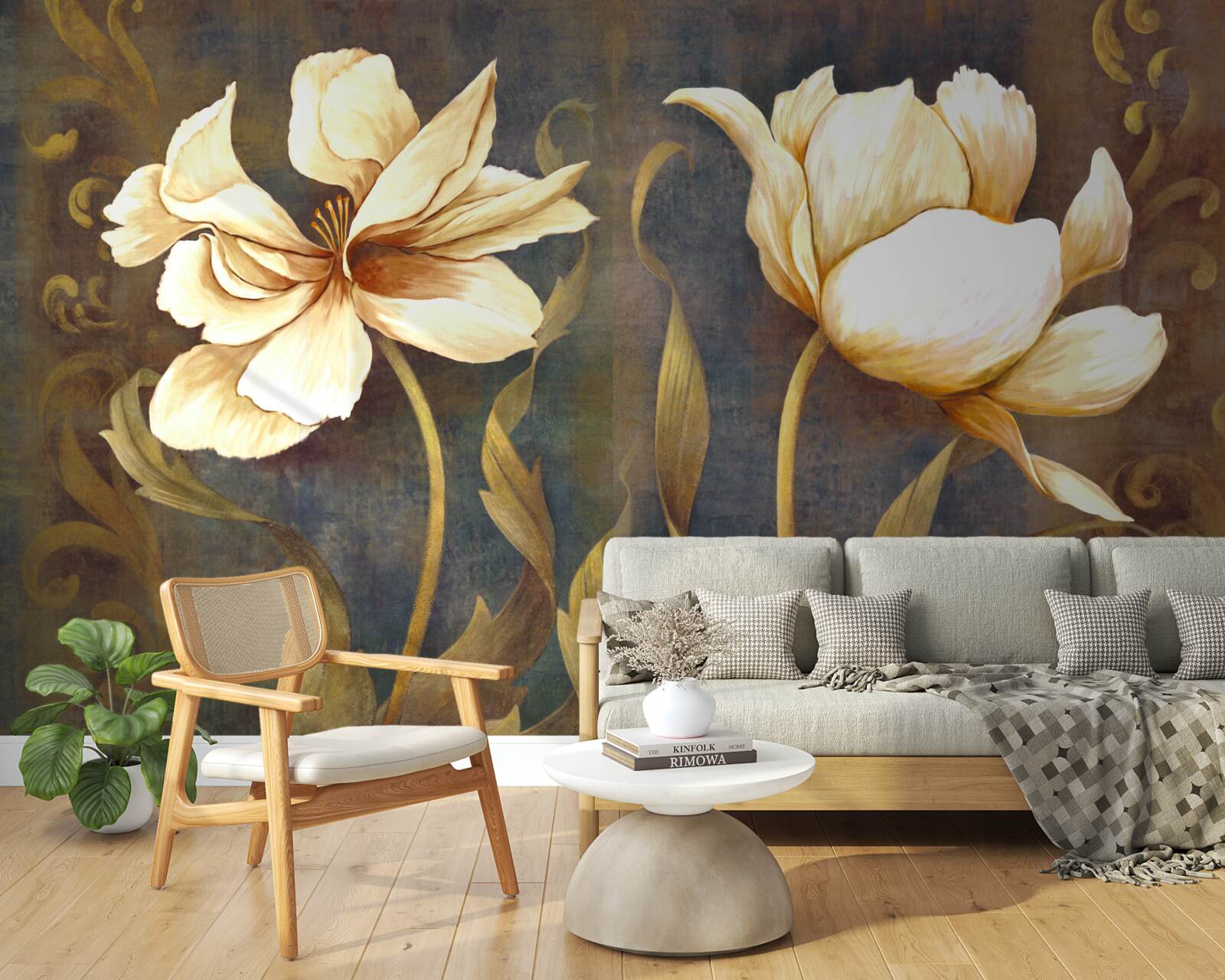 Papier peint deux grandes fleurs beiges