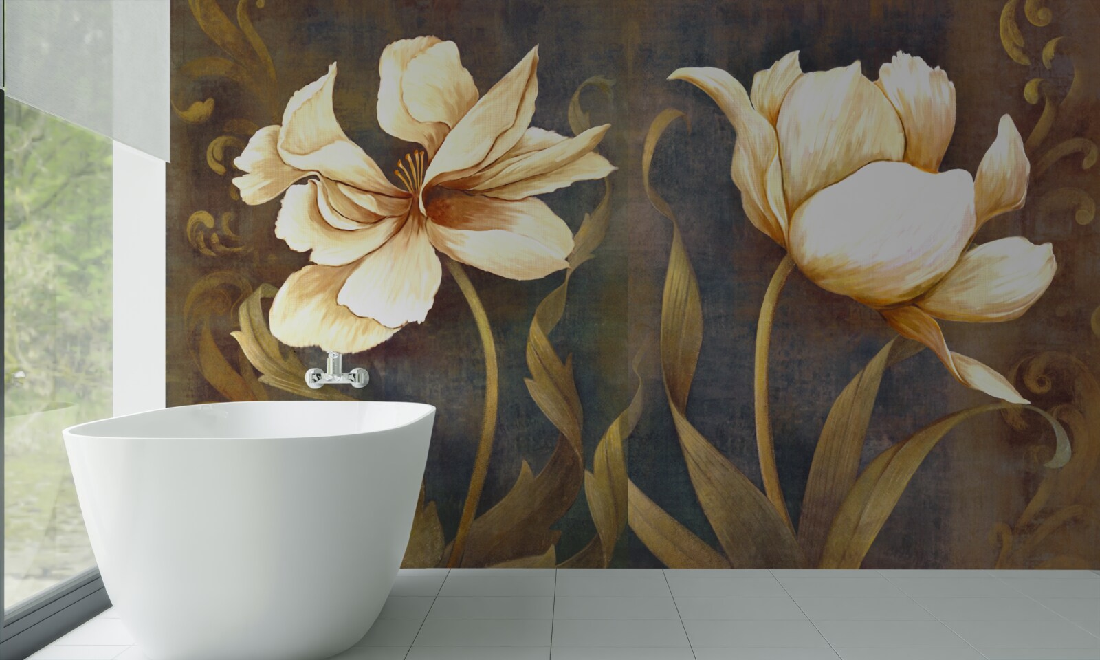 Papier peint deux grandes fleurs beiges