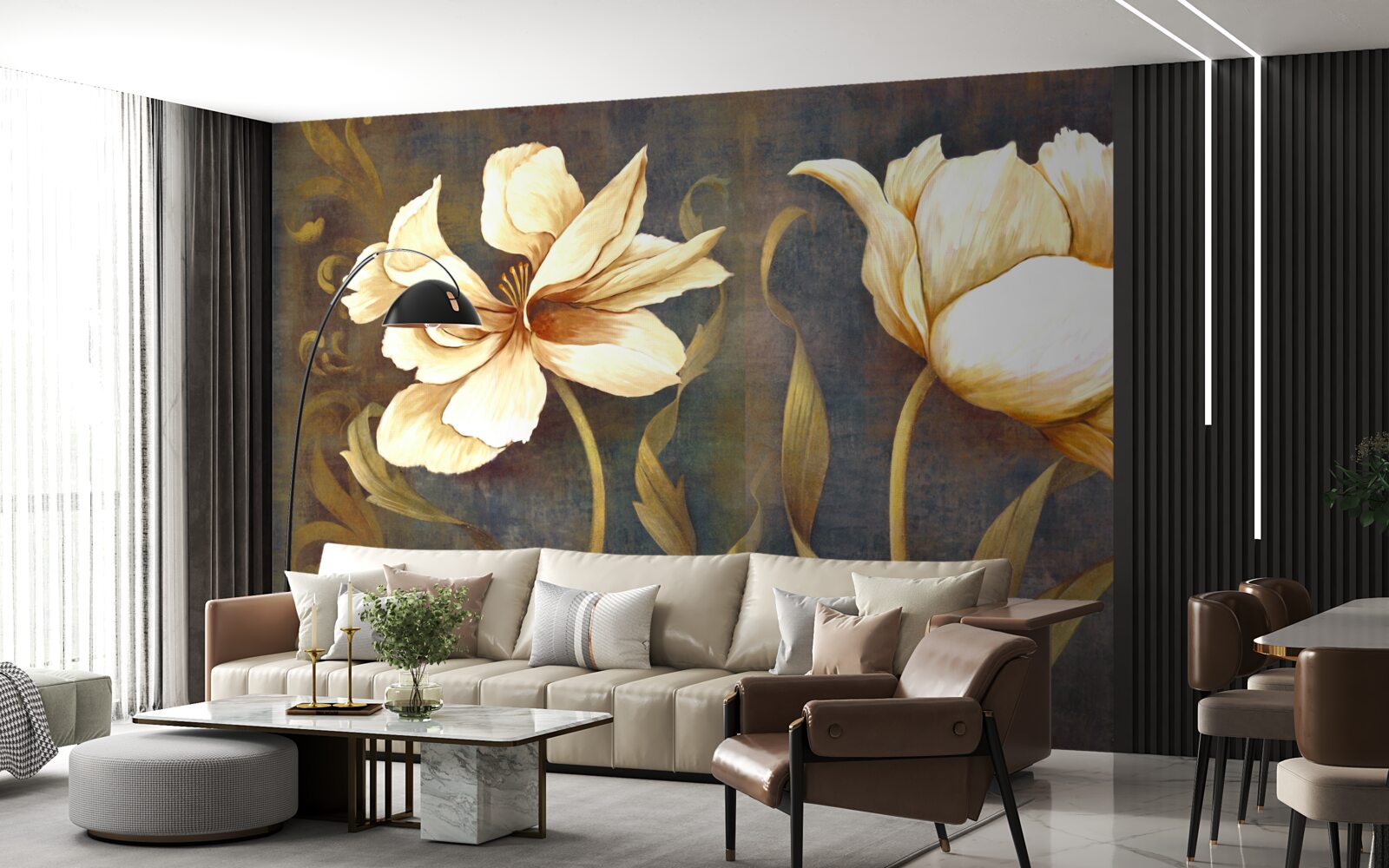 Papier peint deux grandes fleurs beiges