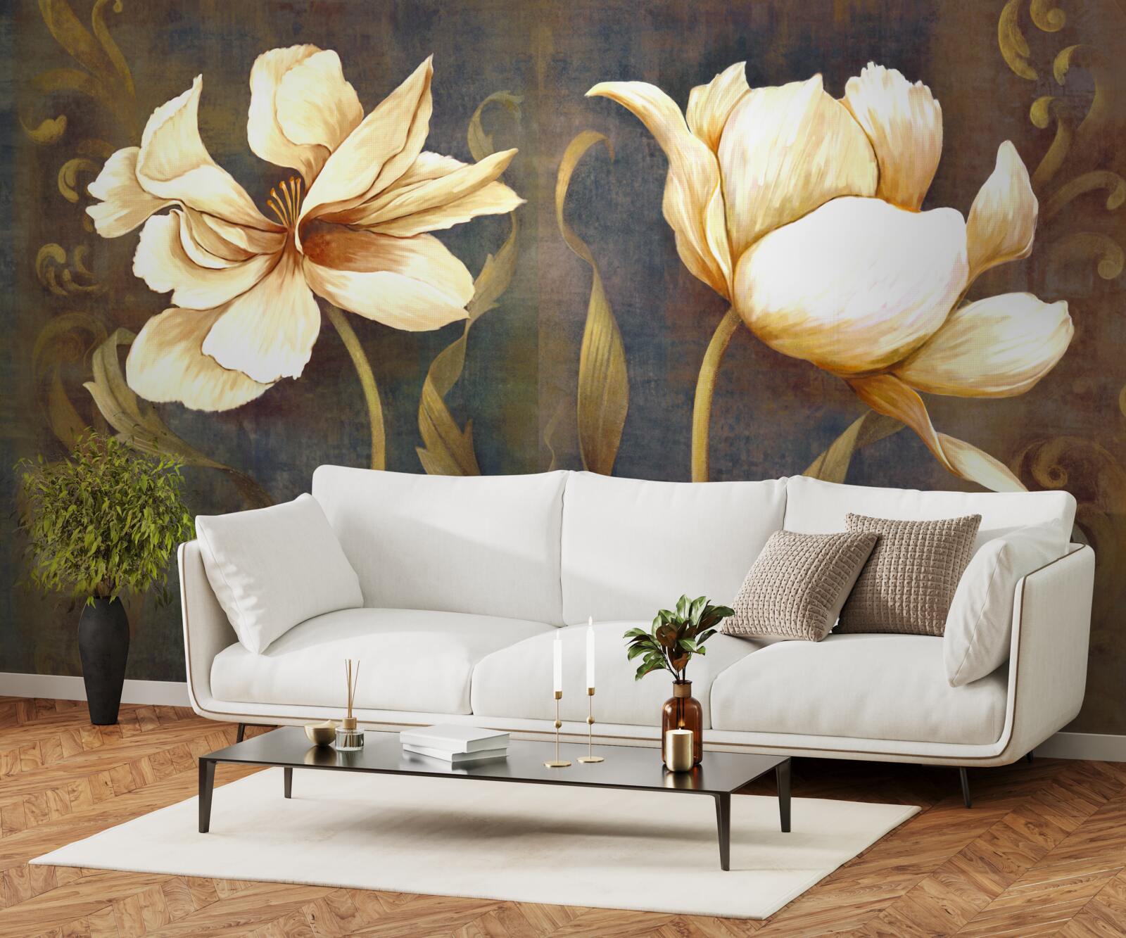 Papier peint deux grandes fleurs beiges
