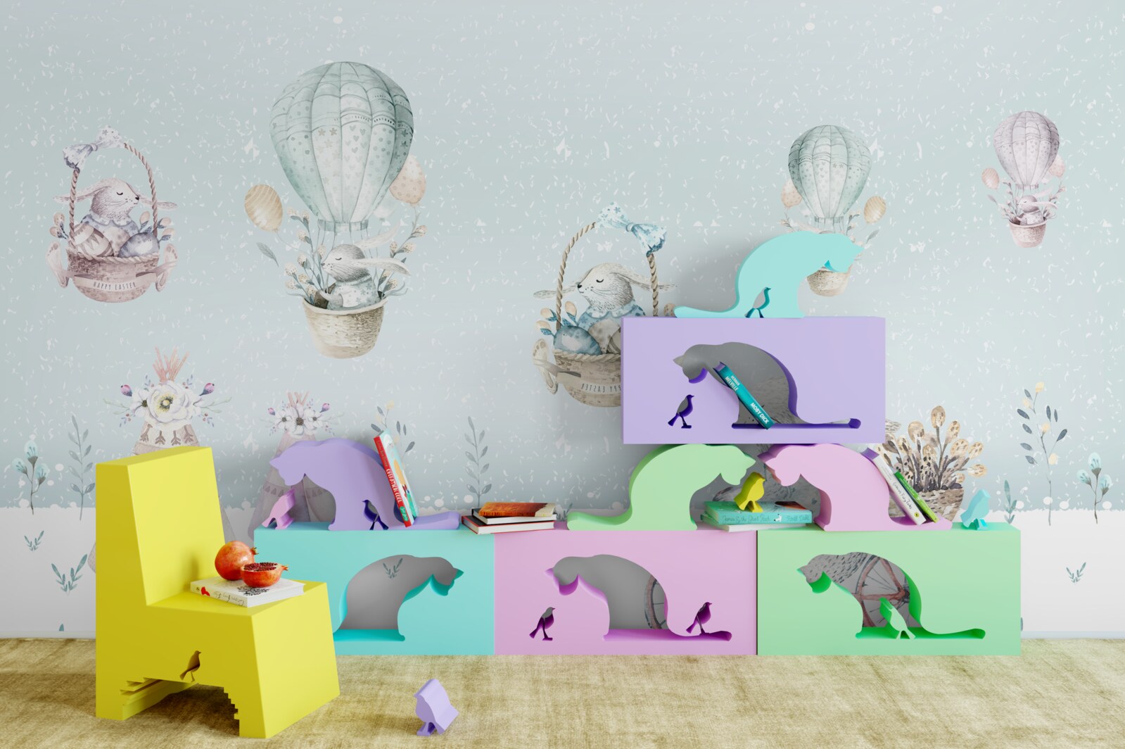 Papier peint Les lapins montent des ballons et font du vélo