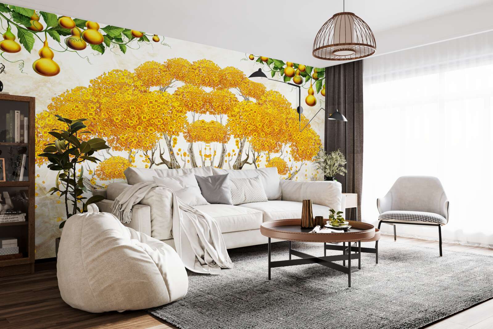 Papier peint au coucher du soleil, un arbre avec une couronne jaune