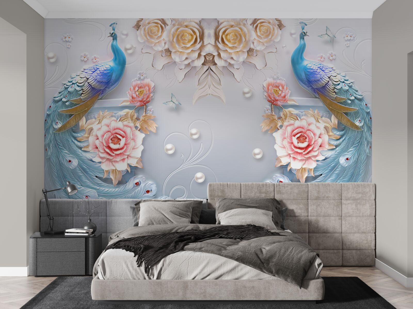 Papier peint le paon et sa partenaire avec les roses