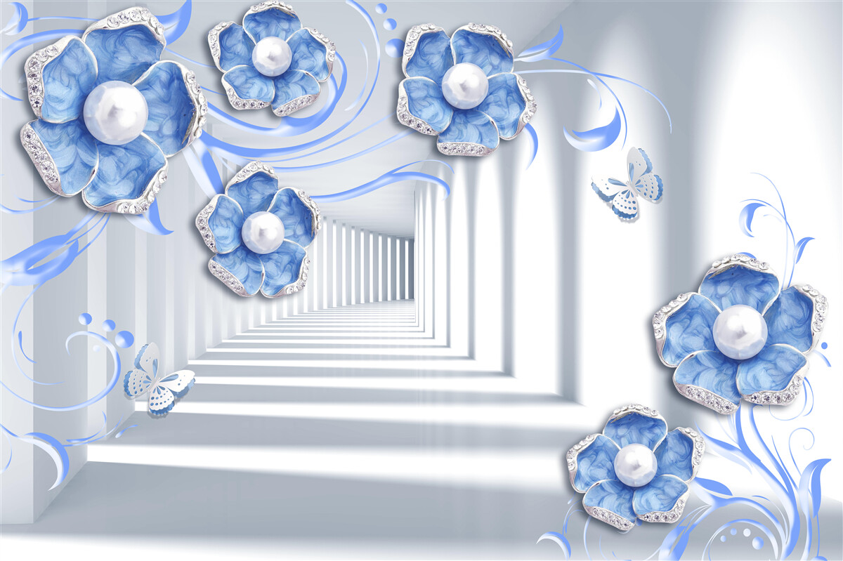 Papier peint flore bleue dans le passage
