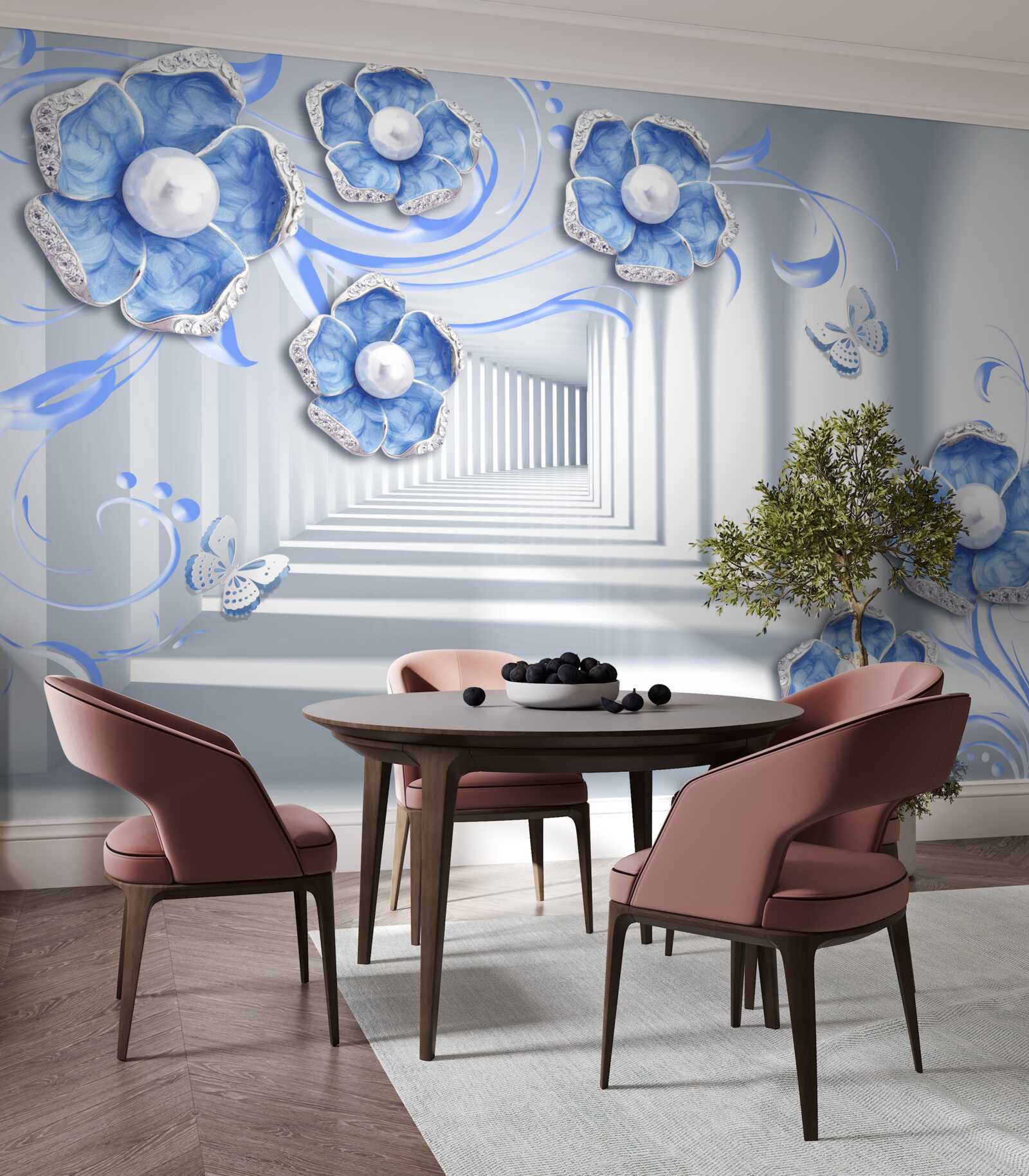 Papier peint flore bleue dans le passage