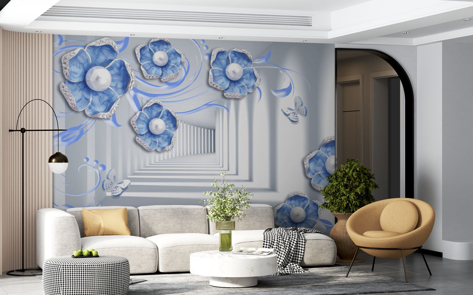 Papier peint flore bleue dans le passage