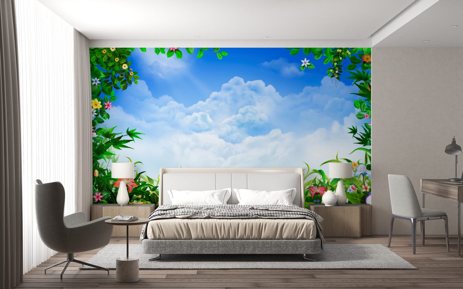Papier peint les feuilles vertes scintillent sous les nuages bleus