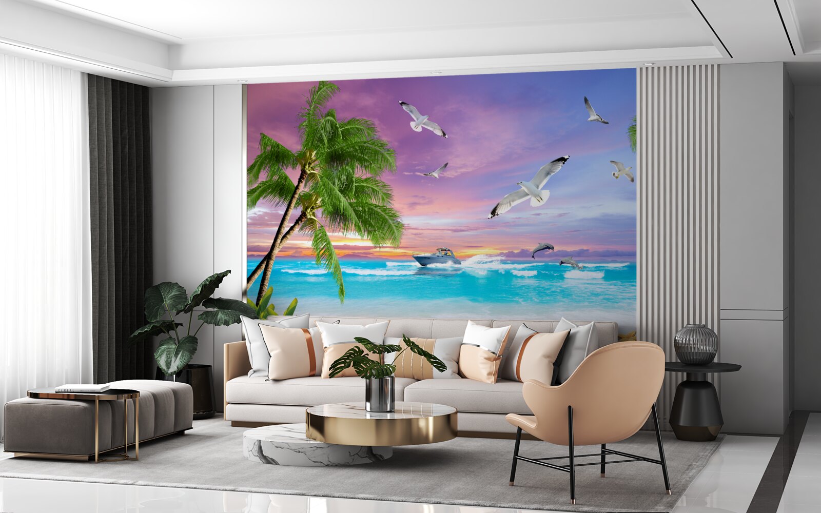Papier peint côte tropicale et bateau