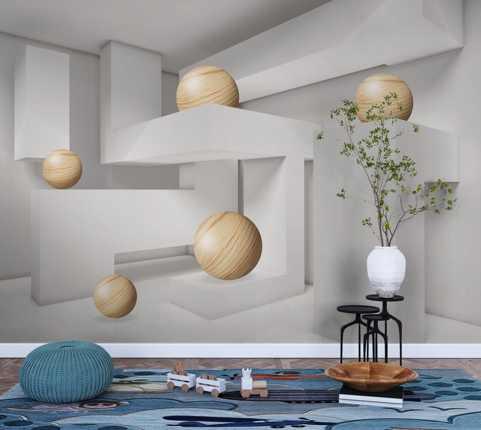 Papier peint boules d'or sur socle