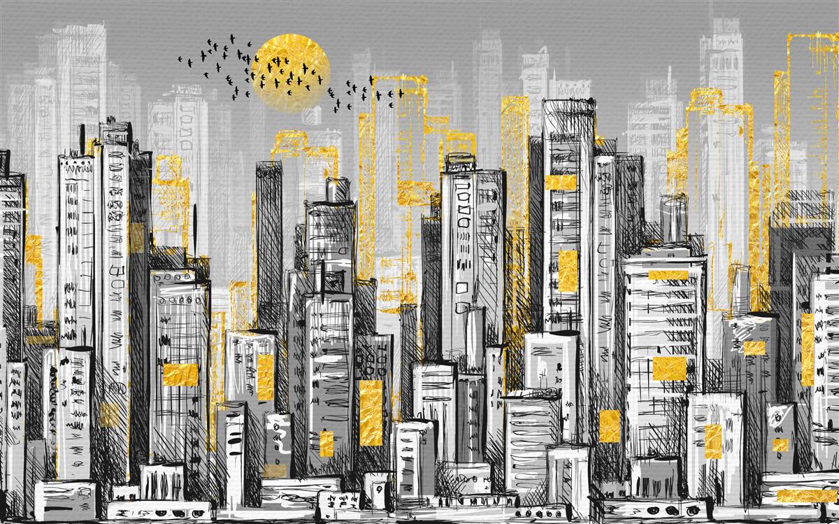 Papier peint ville grise dans la lumière jaune du soir