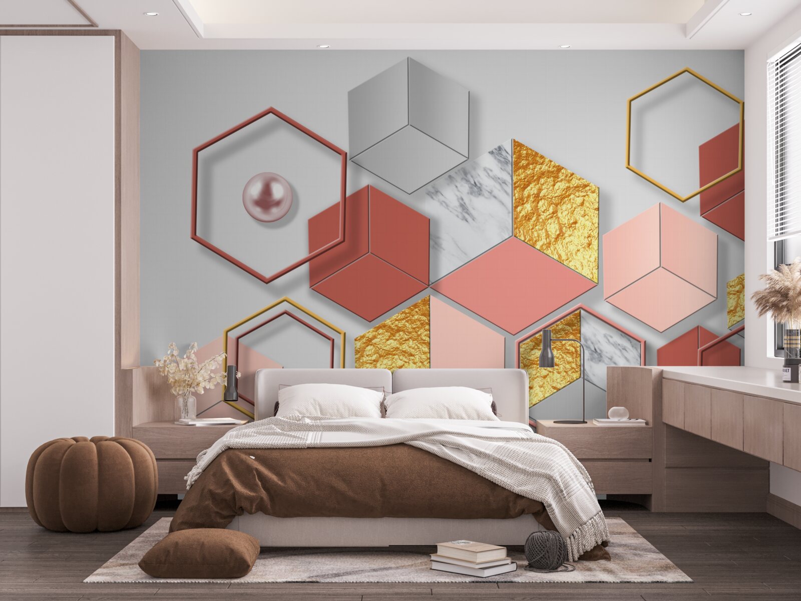 Papier peint pentagones bordeaux avec différents contenus