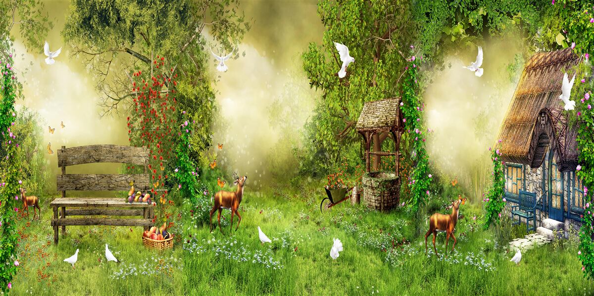 Papier peint chalet magique au milieu des arbres