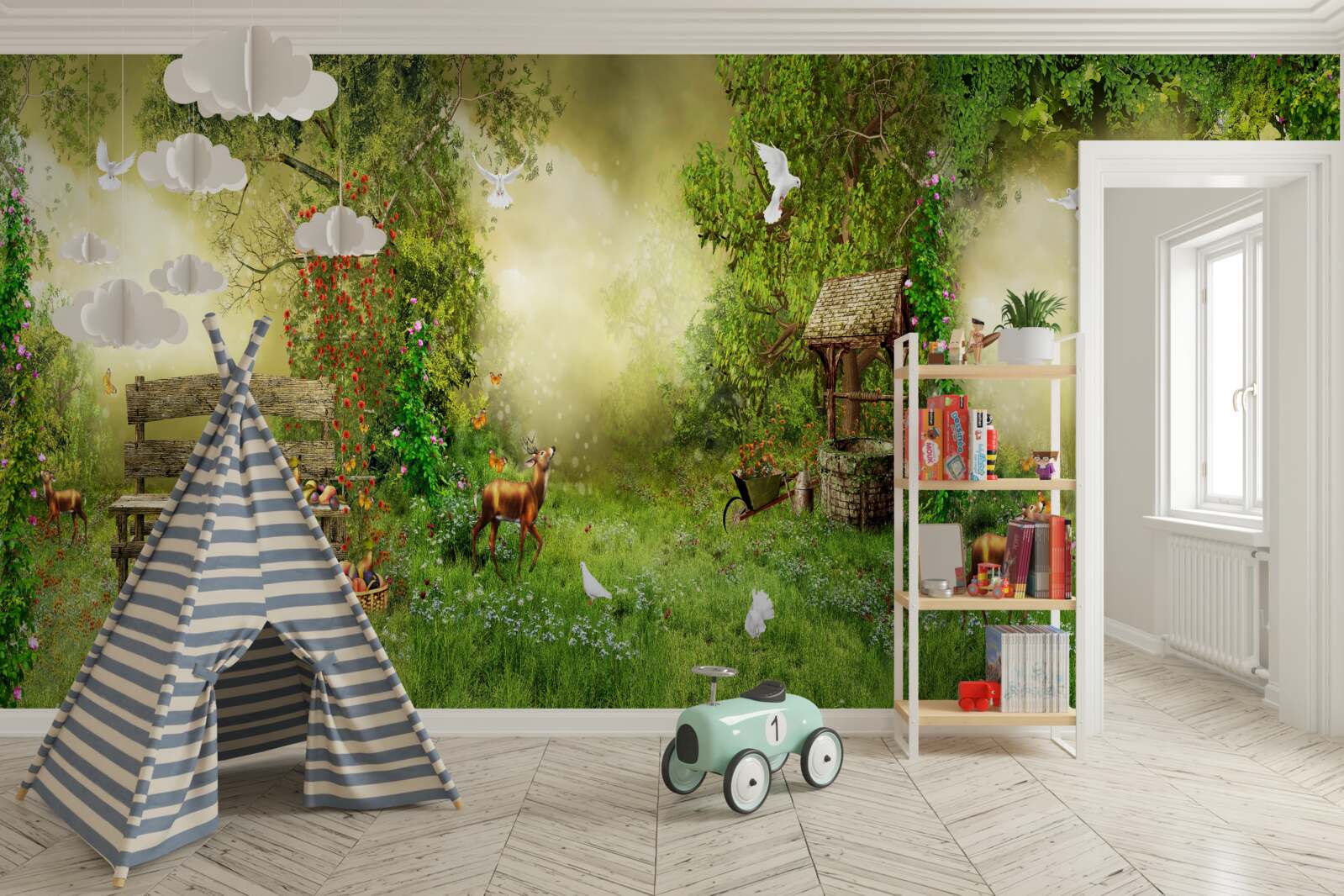 Papier peint chalet magique au milieu des arbres