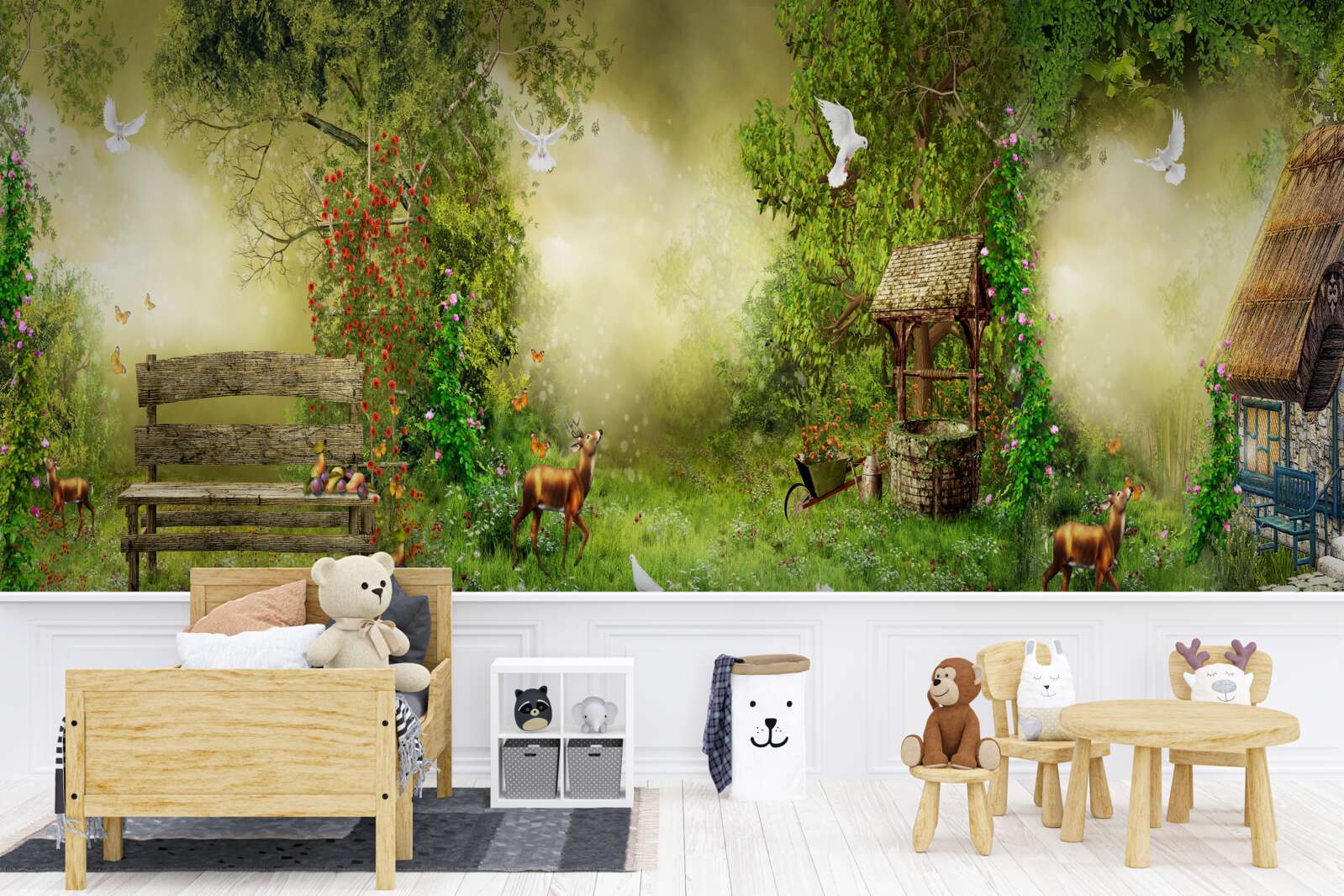 Papier peint chalet magique au milieu des arbres