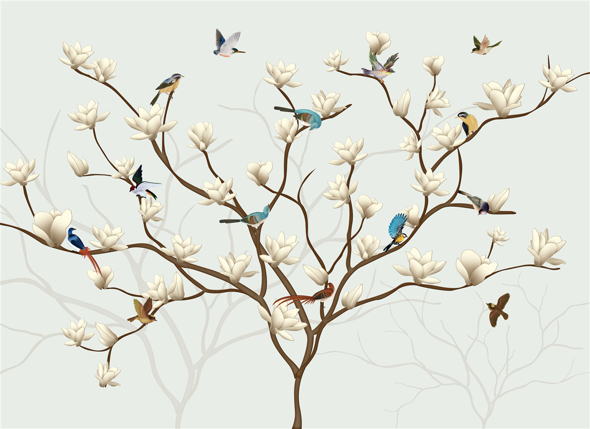 Papier peint le magnolia est de couleur blanche et est habité par une variété d'oiseaux