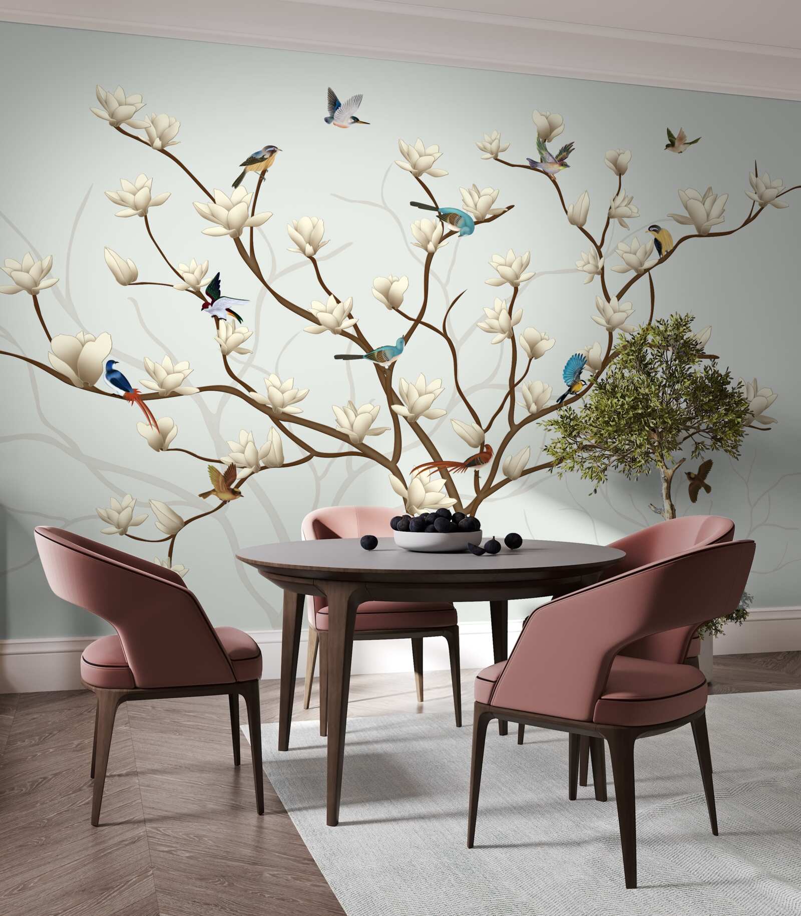 Papier peint le magnolia est de couleur blanche et est habité par une variété d'oiseaux
