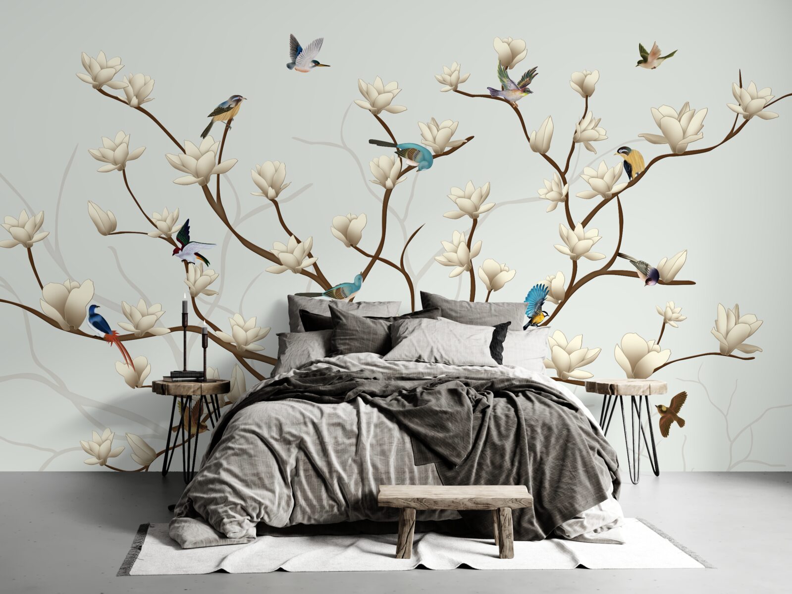 Papier peint le magnolia est de couleur blanche et est habité par une variété d'oiseaux