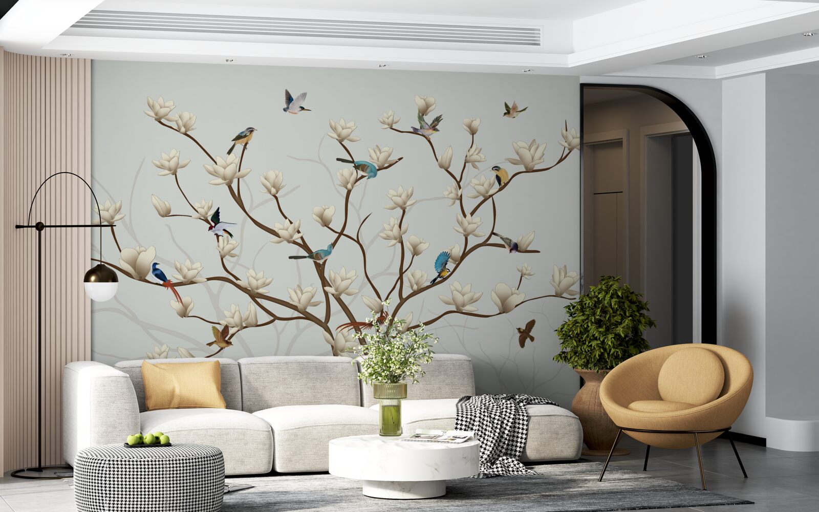 Papier peint le magnolia est de couleur blanche et est habité par une variété d'oiseaux