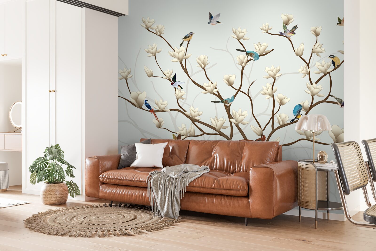 Papier peint le magnolia est de couleur blanche et est habité par une variété d'oiseaux