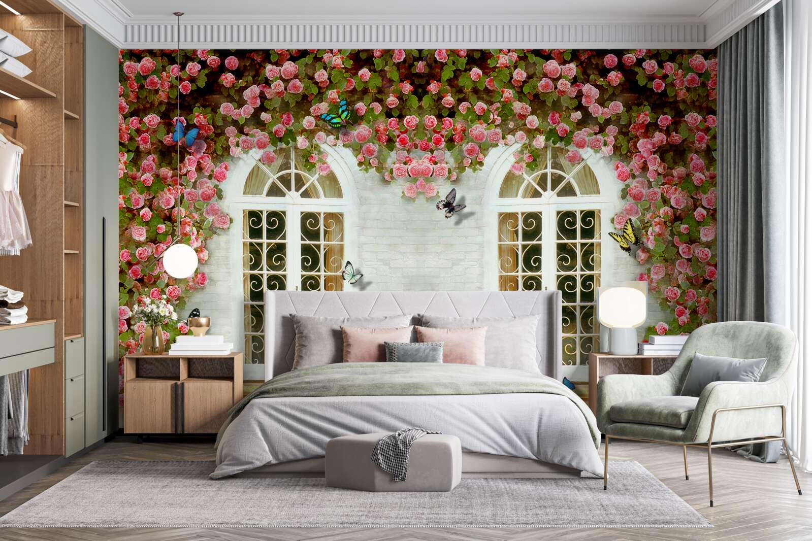 Papier peint les fenêtres sont entourées de roses en fleurs