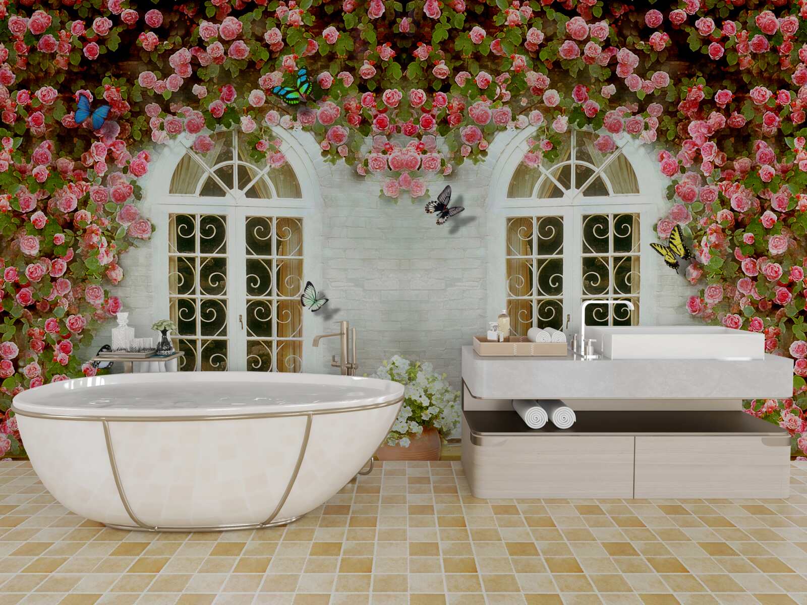 Papier peint les fenêtres sont entourées de roses en fleurs