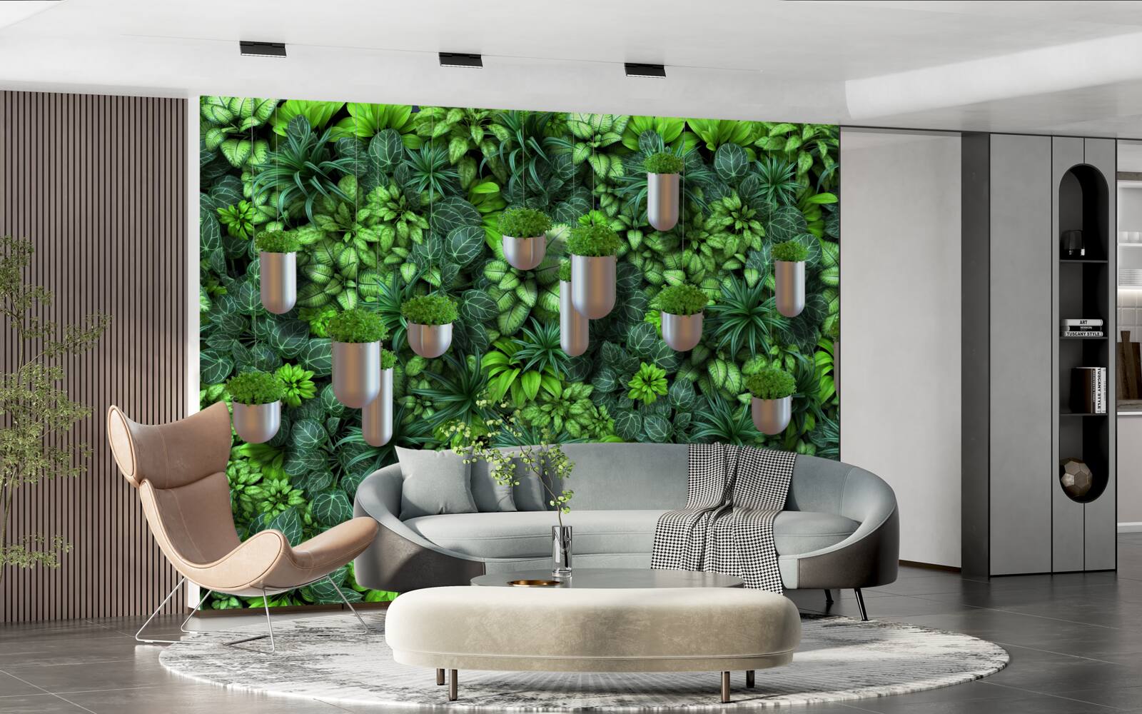 Papier peint la couleur est verte et les plantes sont en pot