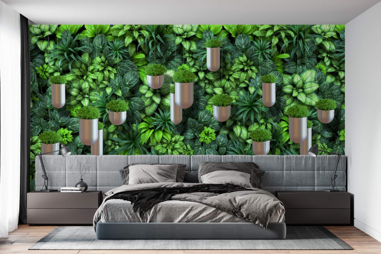 Papier peint la couleur est verte et les plantes sont en pot