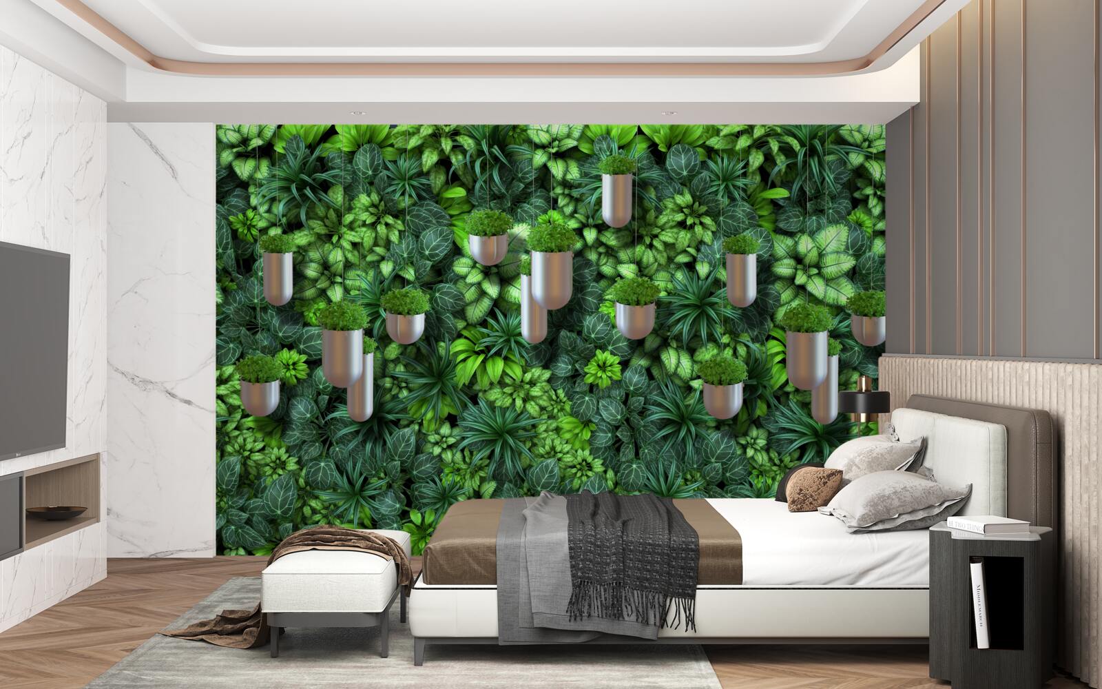 Papier peint la couleur est verte et les plantes sont en pot