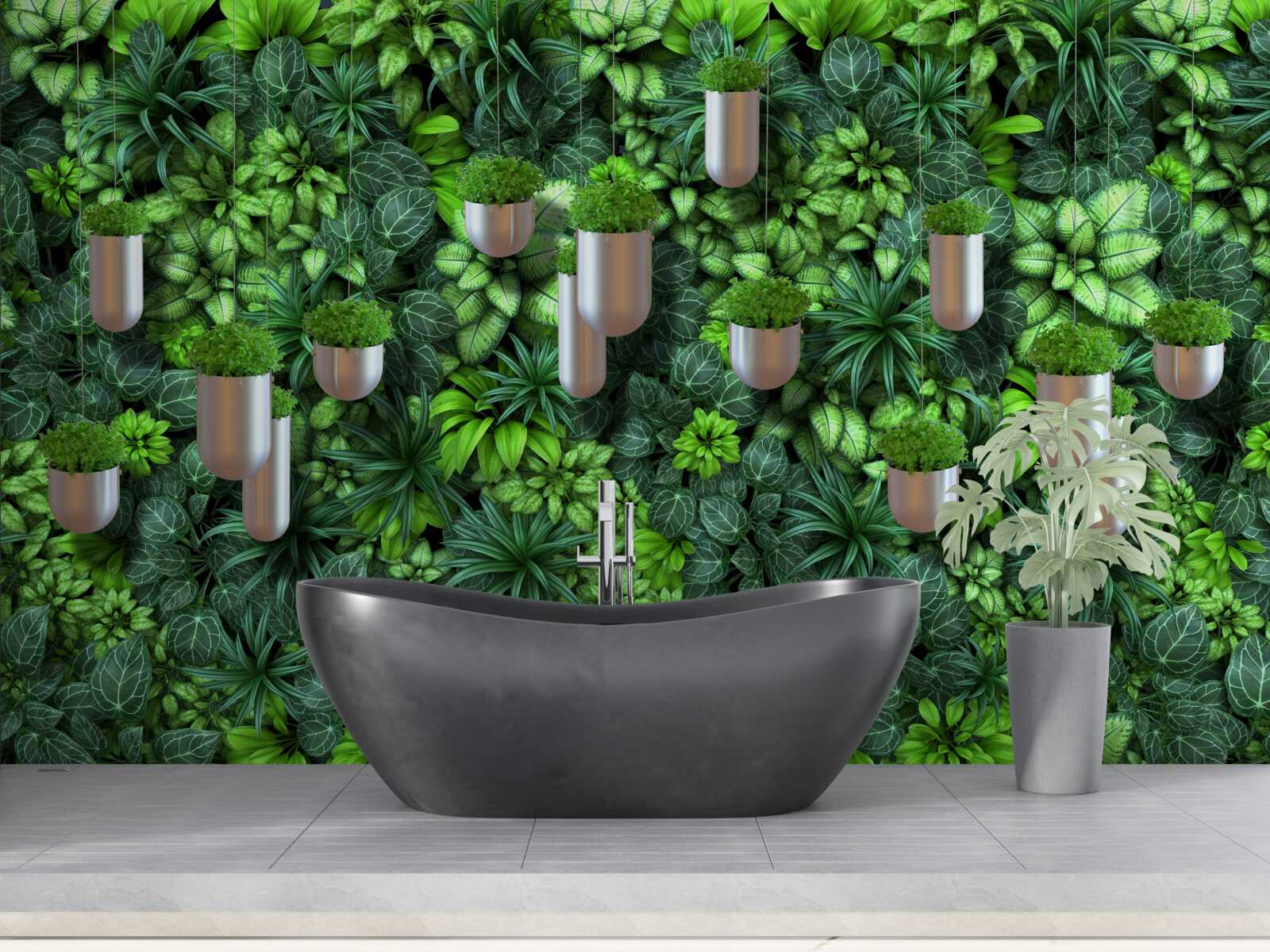 Papier peint la couleur est verte et les plantes sont en pot