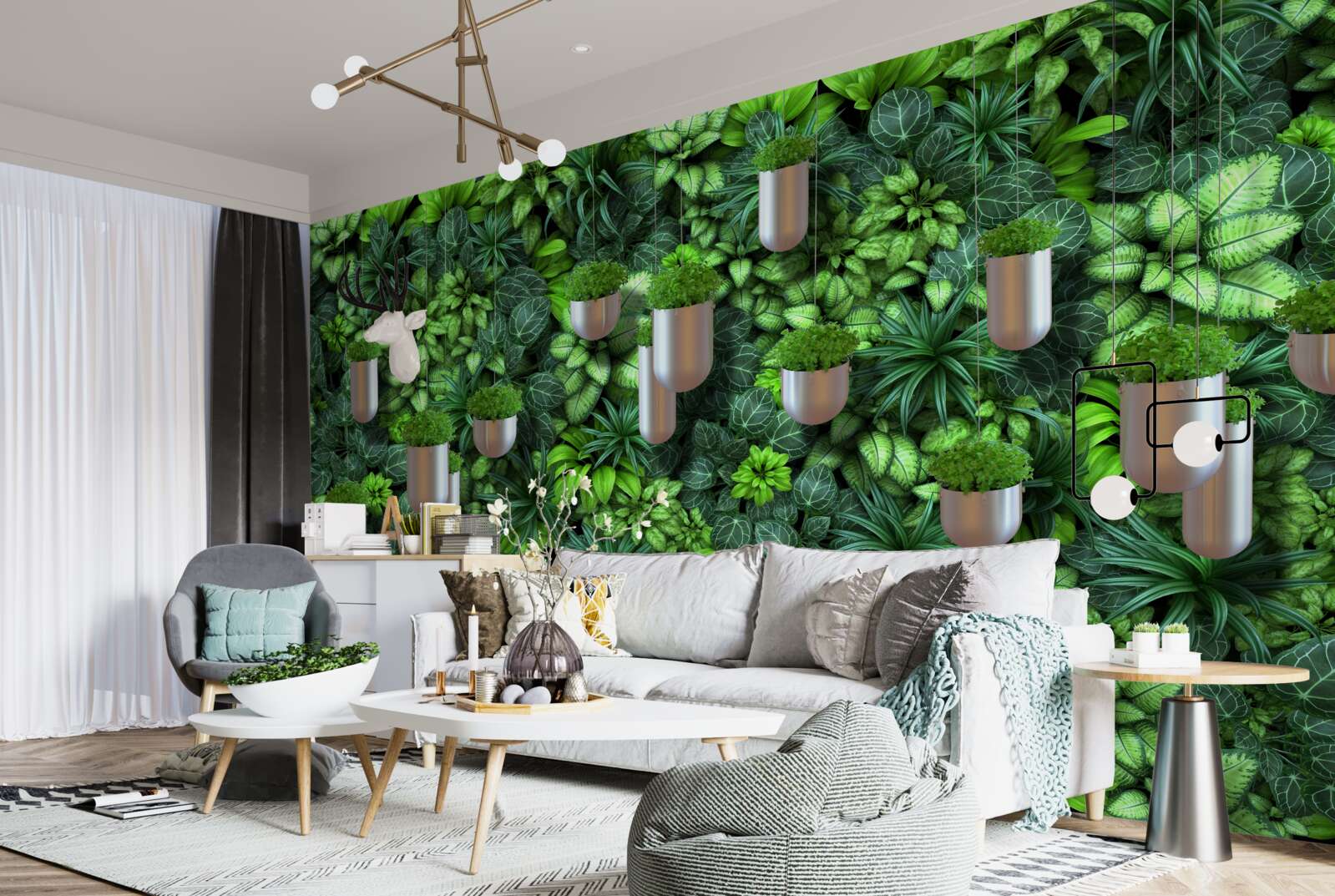 Papier peint la couleur est verte et les plantes sont en pot