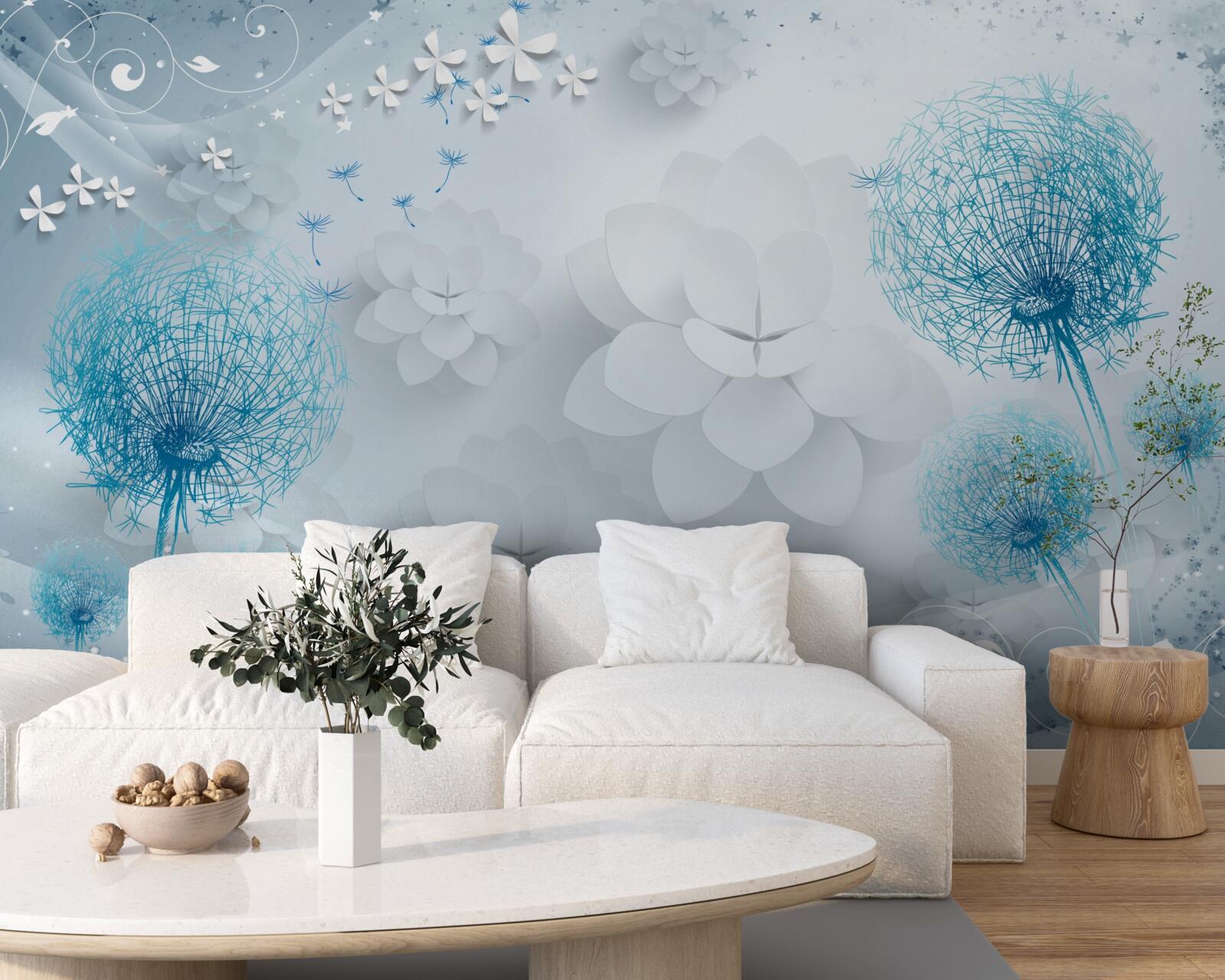 Papier peint gamme de tons bleus avec fleurs