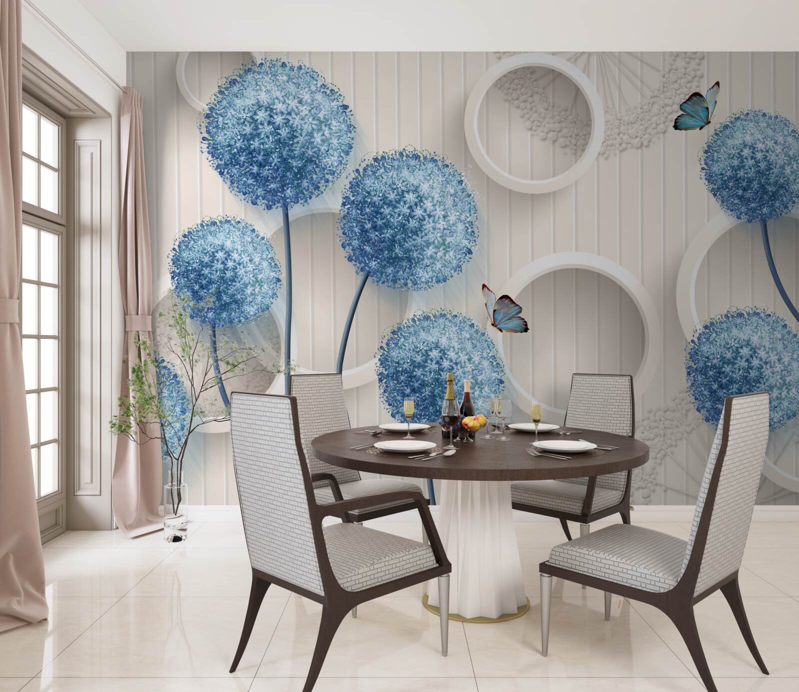 Papier peint des papillons et des fleurs bleues sont représentés sur un fond blanc