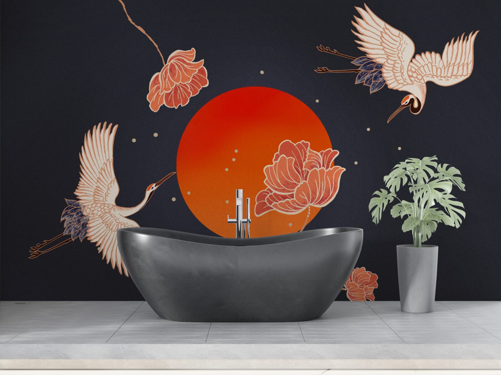 Papier peint le coucher du soleil est marqué par le départ des grues