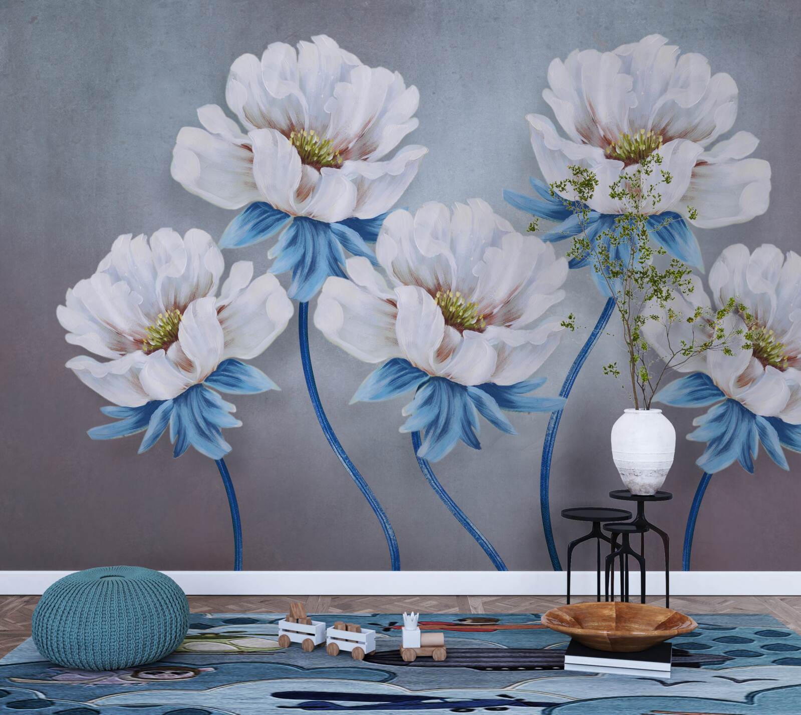 Papier peint les fleurs sont blanches avec une teinte bleue