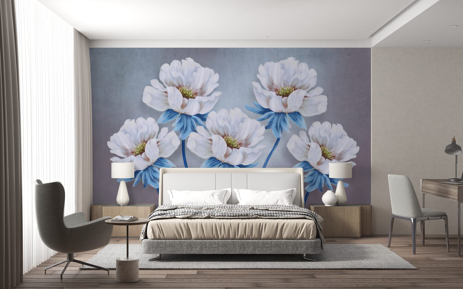Papier peint les fleurs sont blanches avec une teinte bleue