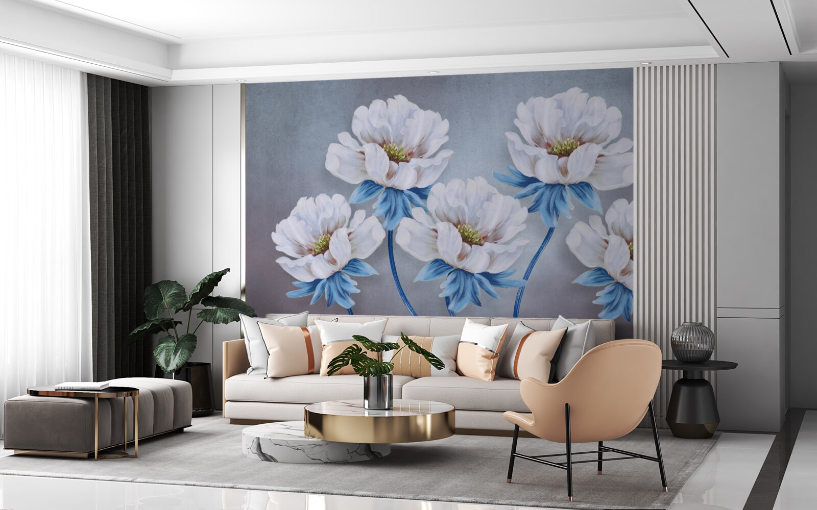 Papier peint les fleurs sont blanches avec une teinte bleue