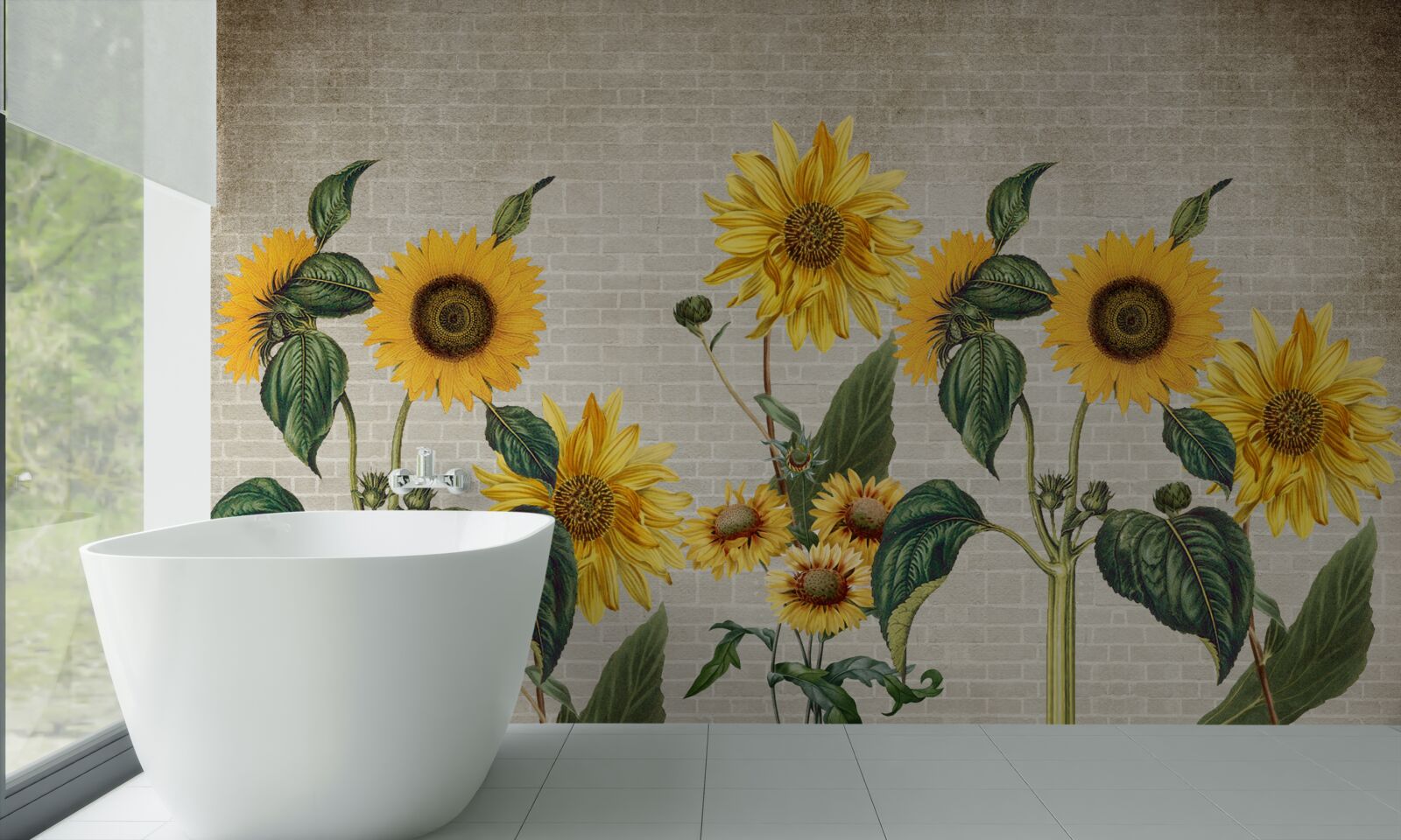Papier peint Mur de briques avec tournesols au premier plan