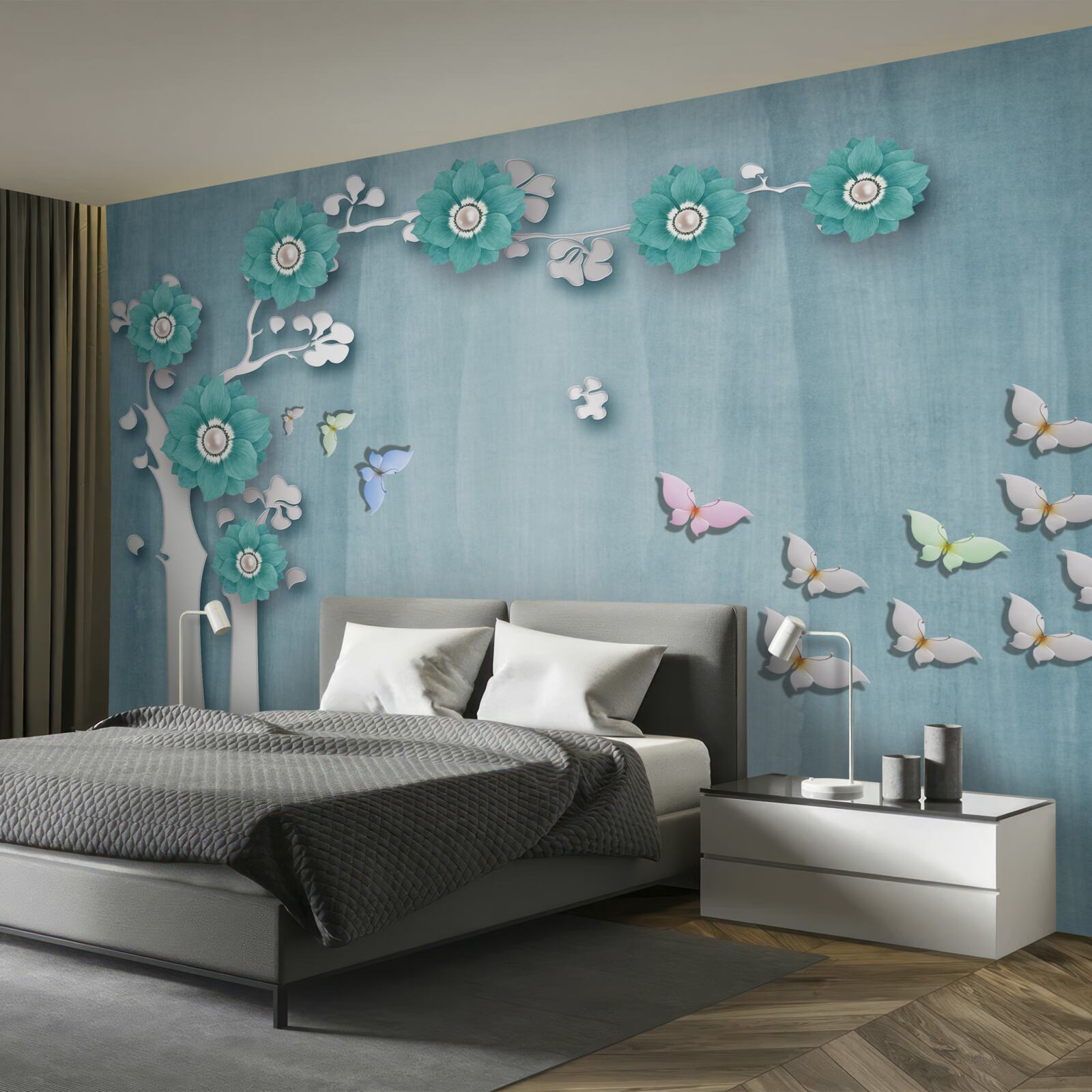 Papier peint papillons et fleurs vertes décorant un arbre