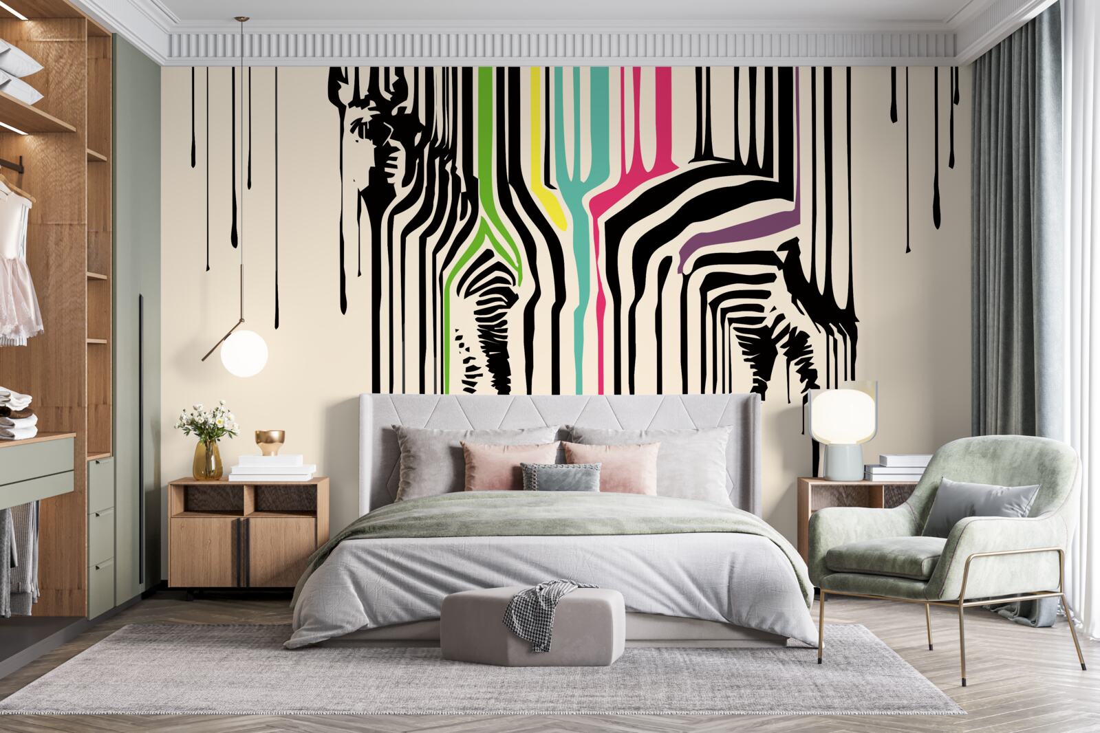 Papier peint zèbre représenté avec de la peinture maculée