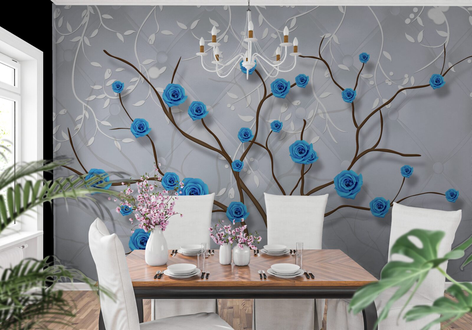 Papier peint arbre rose avec des fleurs bleues