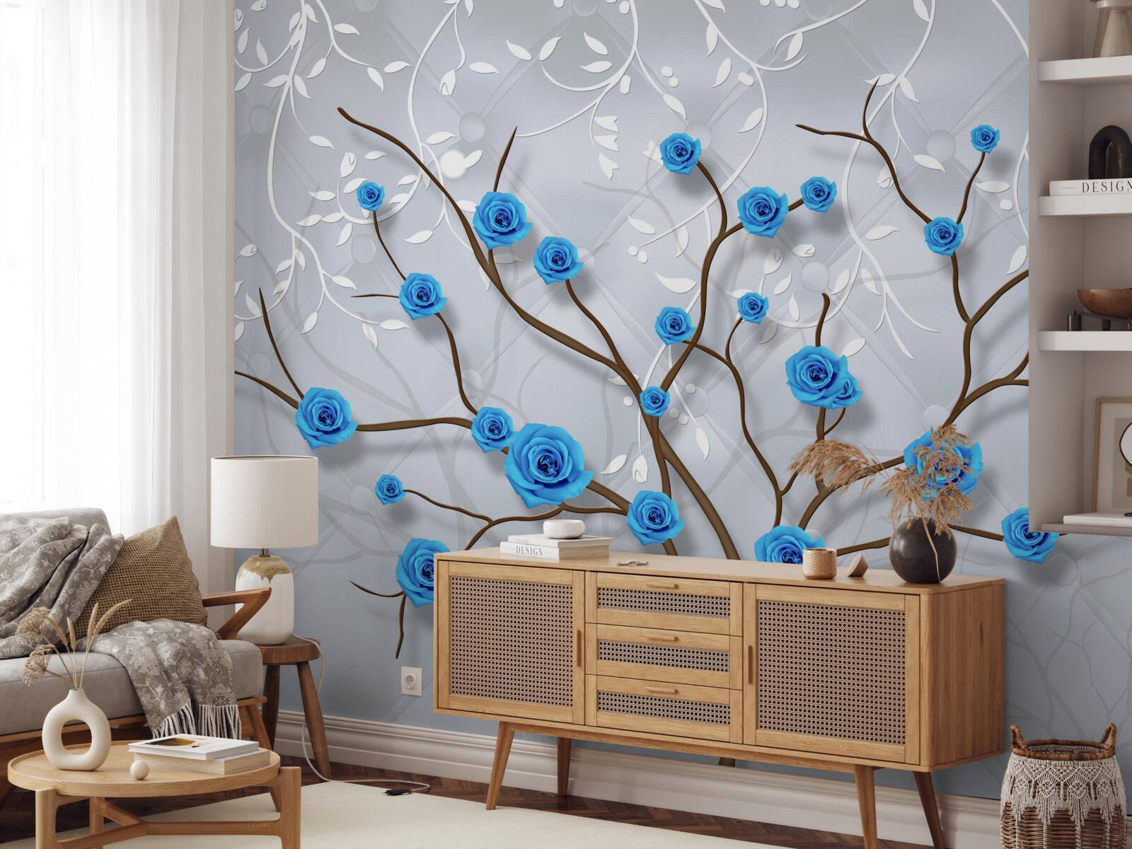 Papier peint arbre rose avec des fleurs bleues