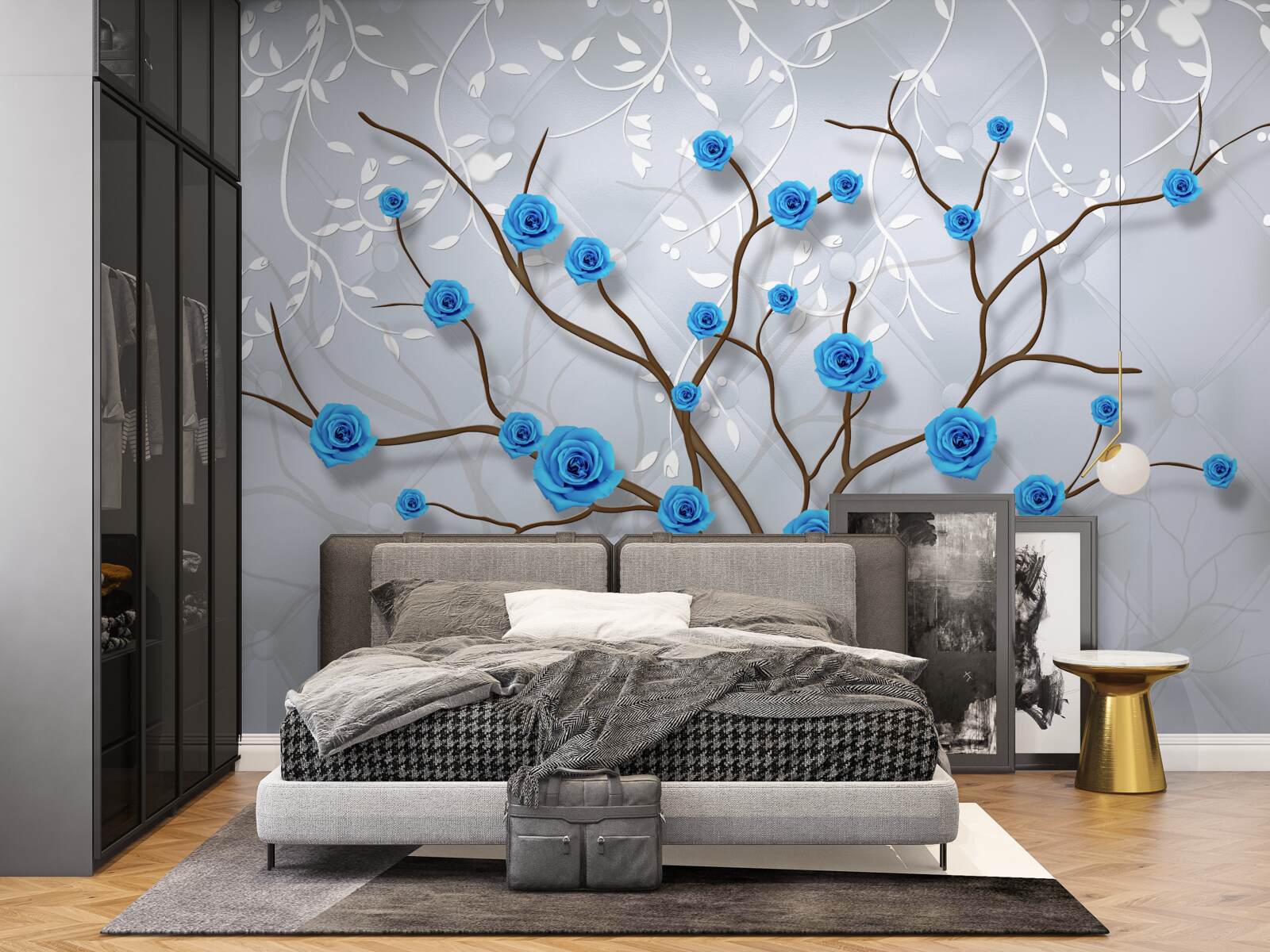 Papier peint arbre rose avec des fleurs bleues
