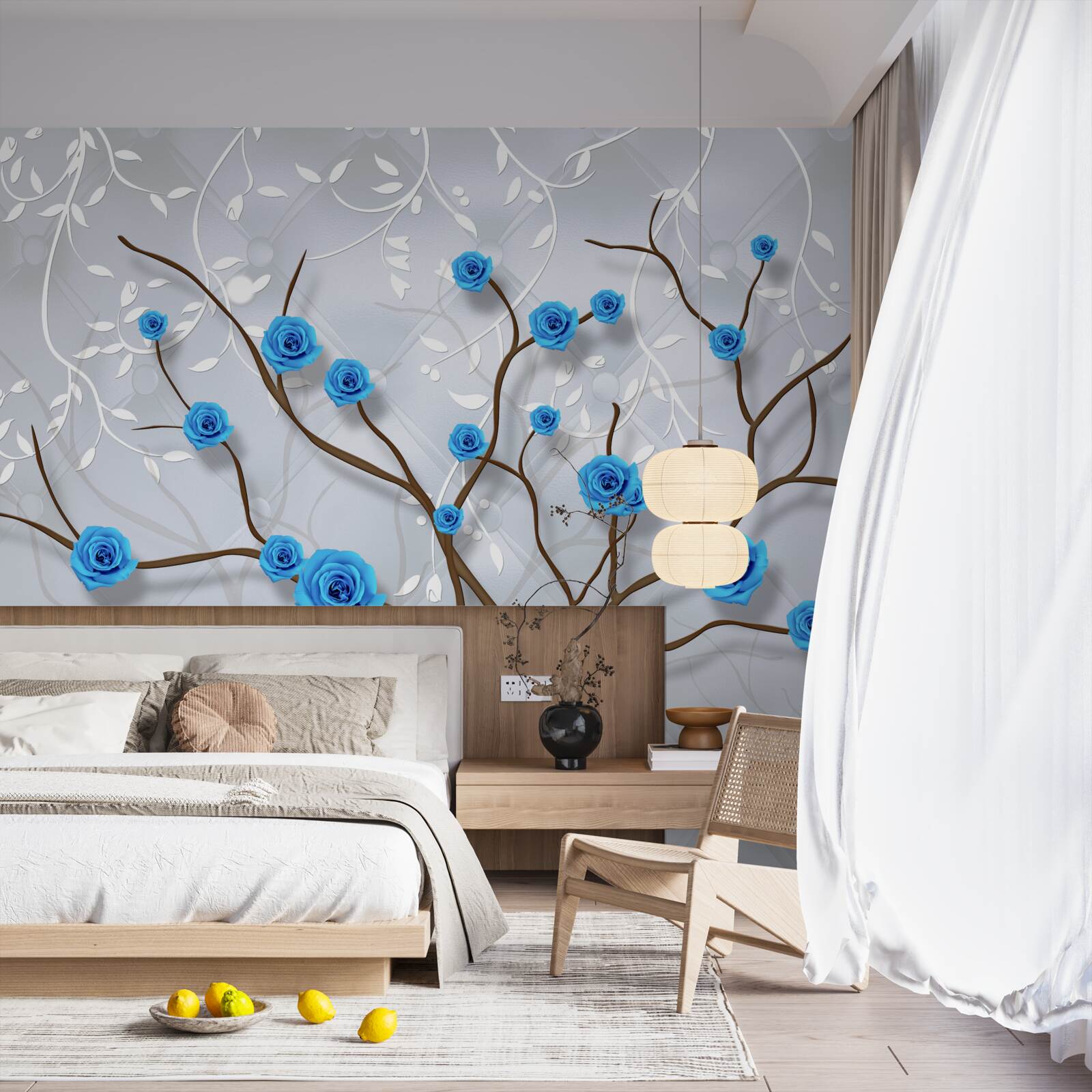 Papier peint arbre rose avec des fleurs bleues