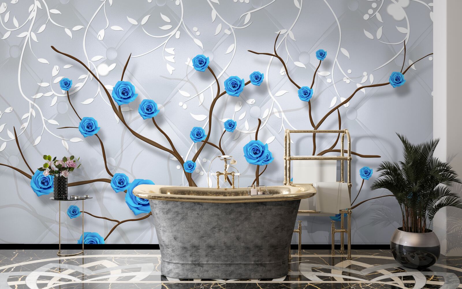 Papier peint arbre rose avec des fleurs bleues