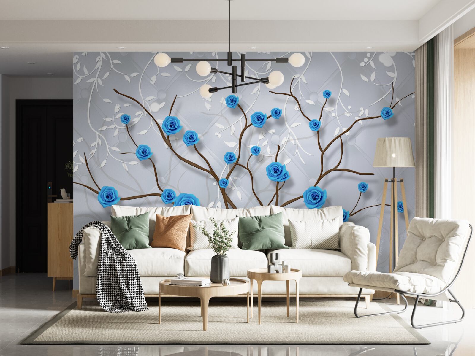 Papier peint arbre rose avec des fleurs bleues