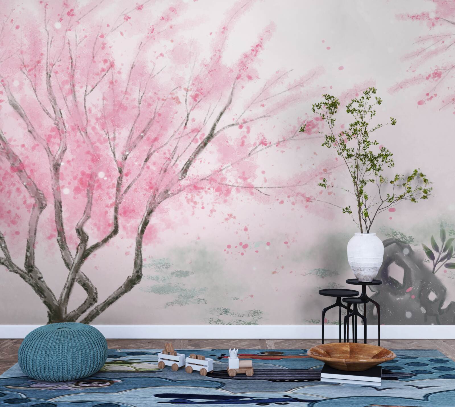 Papier peint le sakura près de l'étang est peint en rose