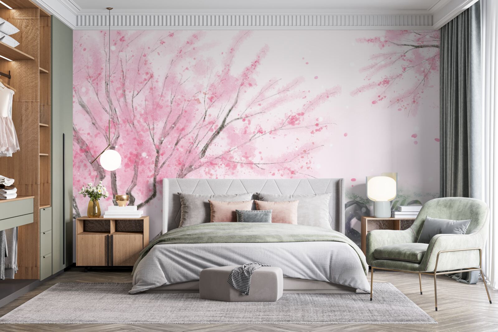 Papier peint le sakura près de l'étang est peint en rose