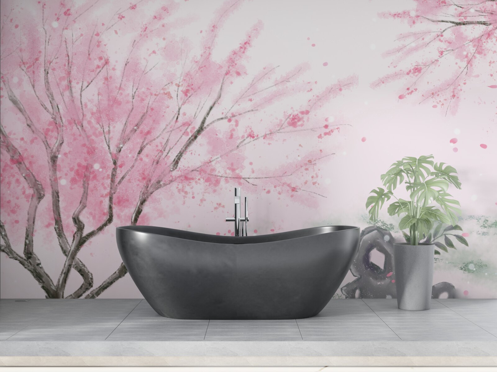 Papier peint le sakura près de l'étang est peint en rose
