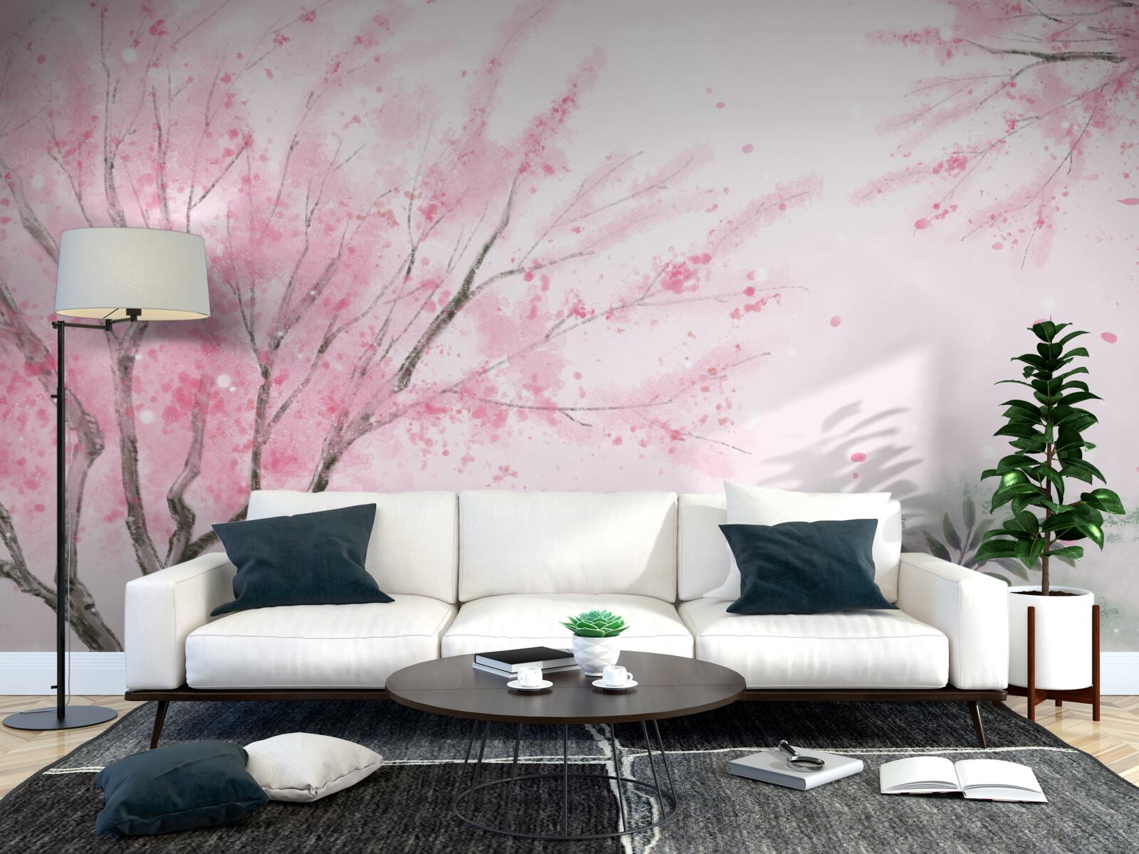 Papier peint le sakura près de l'étang est peint en rose